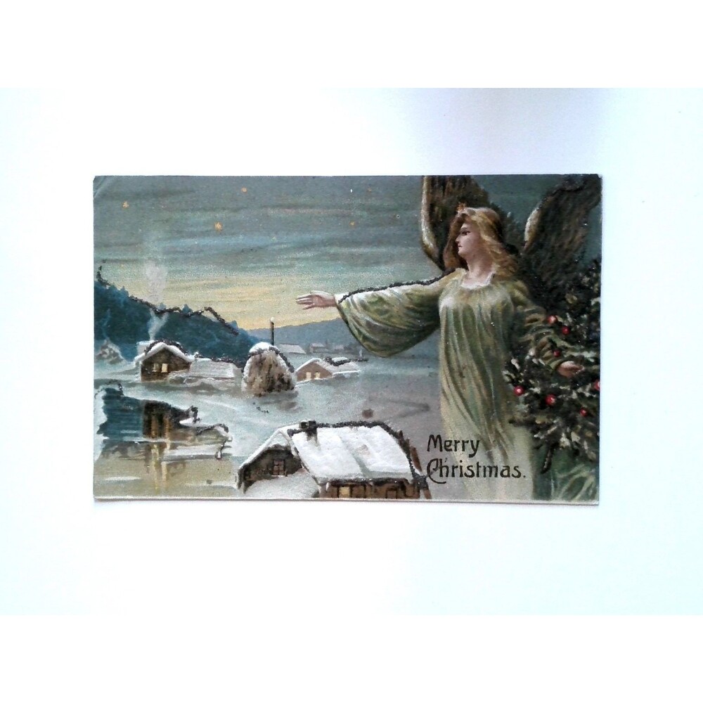 Vintage Christmas Angel Snow Village Postcard 1906 Embossed W Publisher Glitter